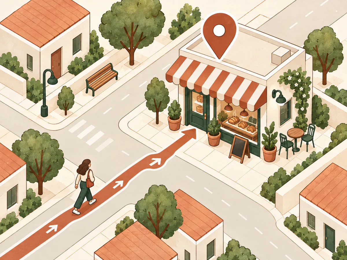 Una persona sigue una ruta de barrio hasta una cafetería señalada con un pin.